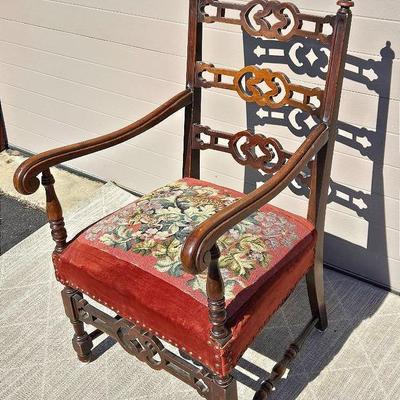 Victorian Wood Throne Armchair With Needlepoint Seat - 23x23x39”