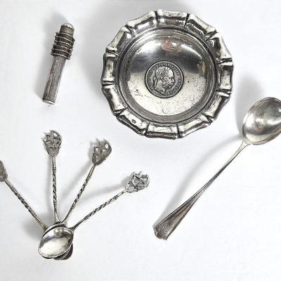 Silver (Tested) Coin Dish, Spoons, Cylindrical Box 