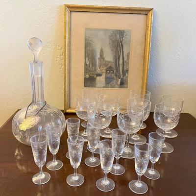 Crystal Wine & Sherry Glasses With Whiskey Decanter And Framed Print 
