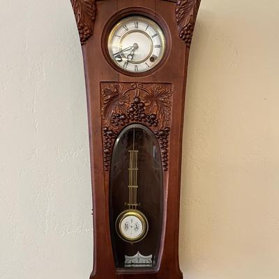 German Art Nouveau Carved Wood Wall Clock Length: 29 Inches