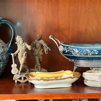 2 Metal Figurines, Porcelain Vases And Glass Dish