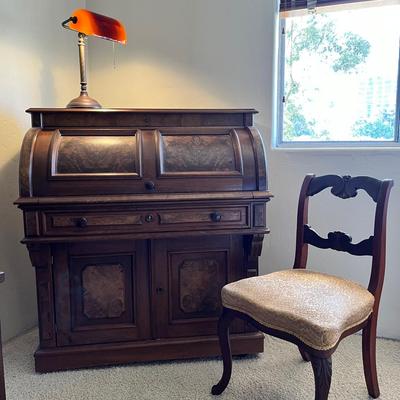 Antique 19th century Victorian Eastlake Secretary Roll Top desk with top cabinet