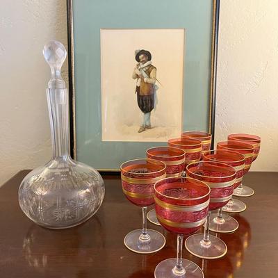 Moser Karlsbad stemware glass, Decanter & Framed Print