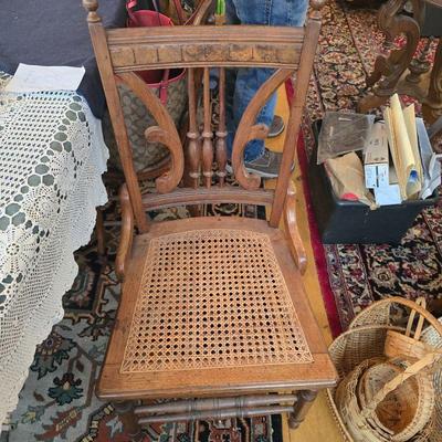 Set of 4 carved oak caned seat chairs