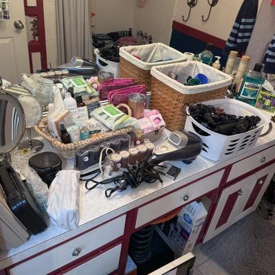 Bathroom, essentials, hairdryers, hair, straighteners, curling irons, hot rollers, magnified, mirrors, soap, set, towels, and other decor