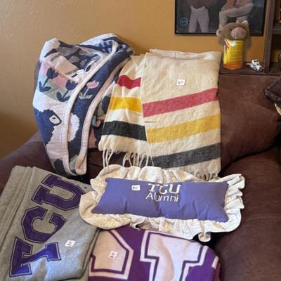 Leather chair, blankets