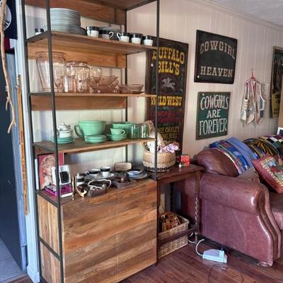 West Elm cabinet storage modular. Vintage glass, depression glass China set. 