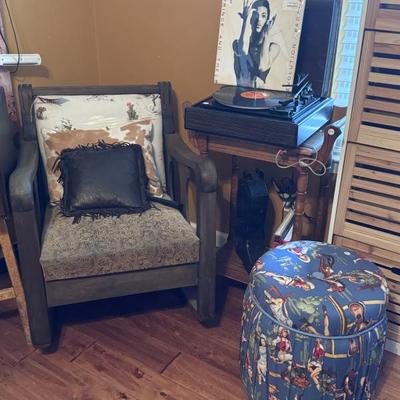 Rocking chair, footstool, shoe storage, record player, records