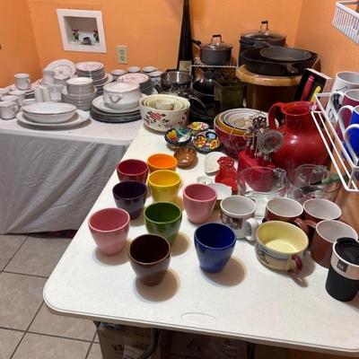 Dishes, mixing bowls, mugs, China set, cast iron pans