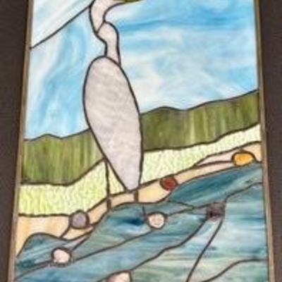 Original Stained Glass Window Panel Hanging Art, Crane  / Crane Stained Glass Window Panel 

10 3/4" x 20 1/2"