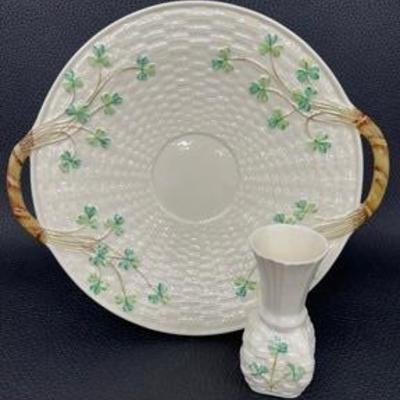 Vintage Belleek Hand Painted Basket Weave Shamrock Double Open Handled Cake Plate and Small Vase