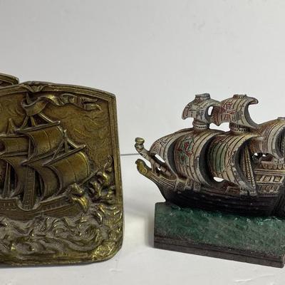 Vintage Cast Iron Bronze Sailing Ship Bookend
