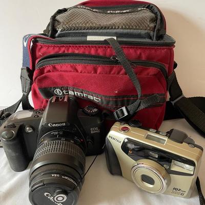 Pentax 1Q Zoom 35mm Point And Shoot And Canon EOS 500 Cameras