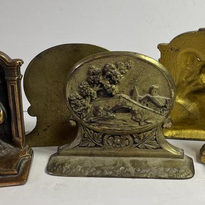“The Thinker” Bronze (Gold Painted) & Vintage Bridge Home Tree River Landscape Bookends