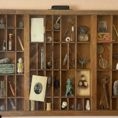 Antique Hamilton Printers Box Filled With Antique Collectibles 