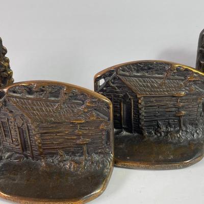 Solid Bronze “Lions Head Fountain” Bookends + Cast Iron Lincoln’s Cabin Bookends 