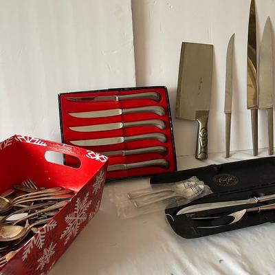 Knives, Carving Set, Vintage Meat Cleaver And Assorted Flatware
