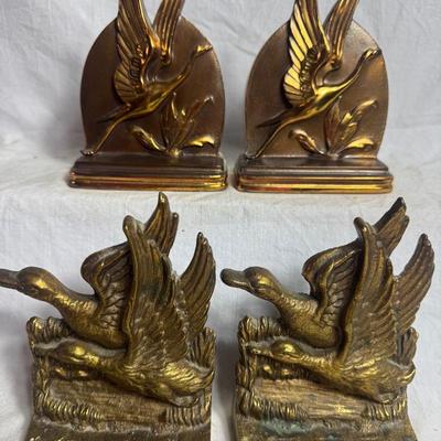 Vintage Brass Mallard Ducks & Bronze Flying Crane Bookends 