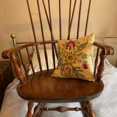MCM Nichols And Stone Maple Rocking Chair, Vintage Crewel Embroidered Pillow