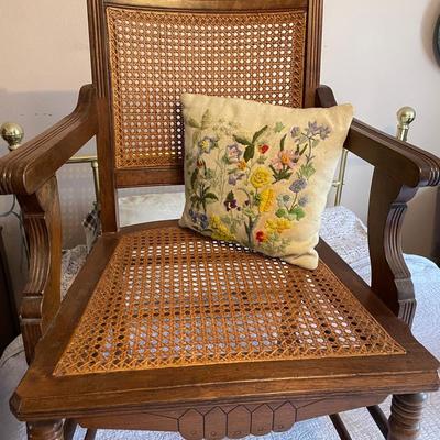 Antique Cane Bedroom Chair W Crewel Embroidered Pillow