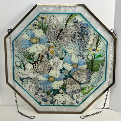 Octagonal Glass Suncatcher With Butterflies And Flowers - 22X22”