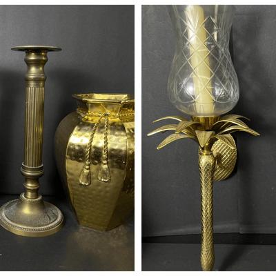 Brass Candle Wall Sconces With Glass Shades, Pair Of Vases And Candleholders 13.5”h