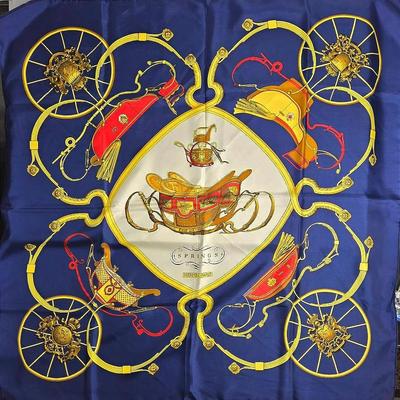 Hermes Paris Silk Scarf - “Springs” By Phillipe Ledoux, Navy Colorway, 35x35” - Authenticated