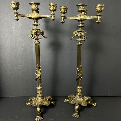 Empire Style Bronze Candelabra Pair With Elephants, Climbing Lizard And Claw Feet - 18”h