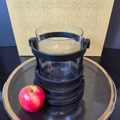 Pottery Barn Italian Silver Rimmed Glass Centerpiece Dish - 16” Dia. in Box & Hurricane Candleholder