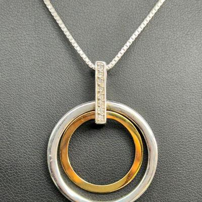 14k Gold, Sterling Silver & Diamond Pendant on 20" Sterling Box Chain Necklace