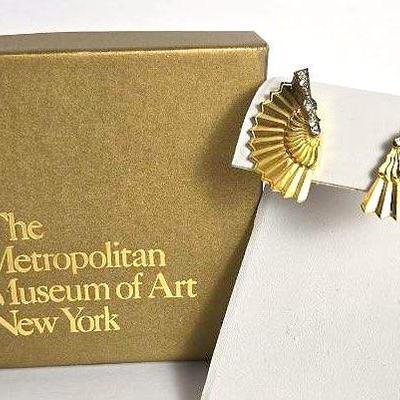 Fan-Shaped Earrings 24k Gold Plated With 14K Gold (Marked) Posts - Metropolitan Museum Of Art
