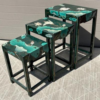 Asian Motif Painted Nesting Table Set - 12.5x11.5x14 To 18x13x24”