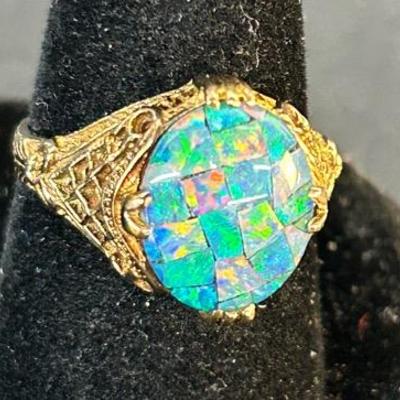 10K Gold Vintage Filligree Mosaic Opal Ring- Size 6.5