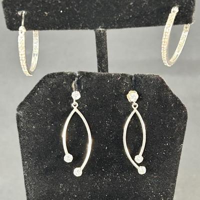14K White Gold Diamond Accented Hoop Earrings & Rhinestone Dangle Earrings