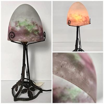 Muller Freres Luneville Art Nouveau Lamp With Art Glass Shade & Cast Iron Base (1) - 15.5”h