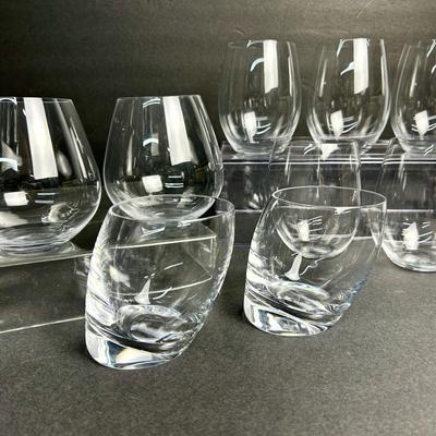 Nambe Tilt Double Old Fashioned Glasses Plus Riedel Stemless Wine Glasses