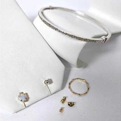 14K Gold Marked Bracelet & Diamond Stud Earring; 14K Tested Ring; 10K Marked Opal Stud & Backings