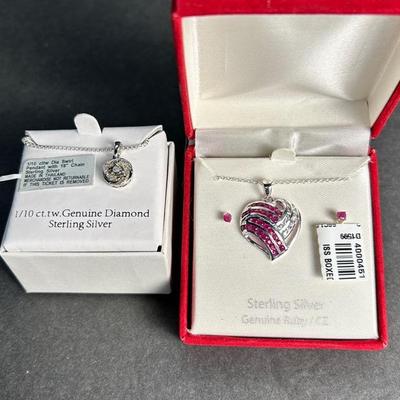 Sterling Silver Marked Necklaces: Ruby Pendant with Earrings & Round Diamond Pendant 