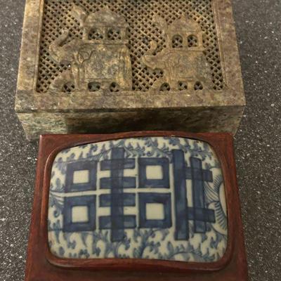Vintage Asian Reticulated Carved Soapstone Marble Trinket Jewelry Box. Chinese Porcelian Shard Wood Box. 