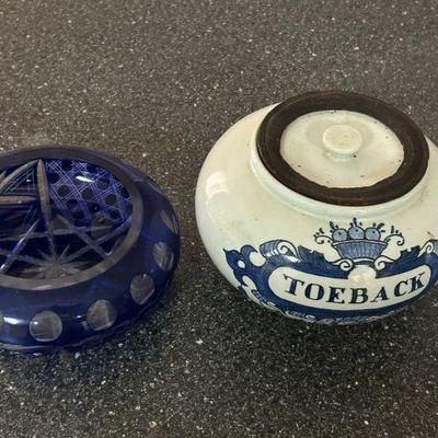Vintage Bohemian Cobalt Crystal Bowl. Vintage Blue & White Delft Tobacco Jar 