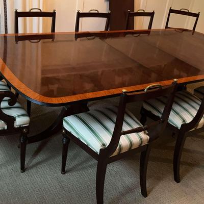 Mahogany Table With Wheeled Double Pedestal And Ten Chairs