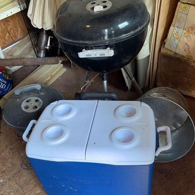 Two Weber Charcoal Grills, Rubbermaid Cooler And Metal Ice Bucket