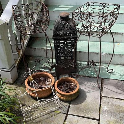 Two Metal Planters, Clay Planters And Metal Lantern