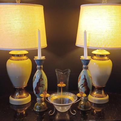 Set Of 2 Cream & Gold Metal Lamps, Painted Wooden Candle Holders, And More