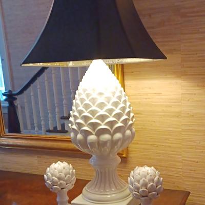 Large Ceramic Pine Cone Lamp With A Set Of Ceramic Artichoke Decor