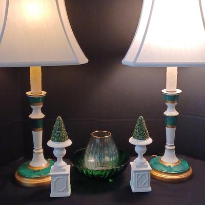 Vintage Green/Gold/White Porcelain Candlestick Lamps, Jeanne Reeds Porcelain Topiaries 