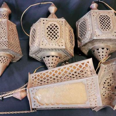 Antique Moroccan Pierced Brass Lanterns, Retro Fitted As Electric Lamps