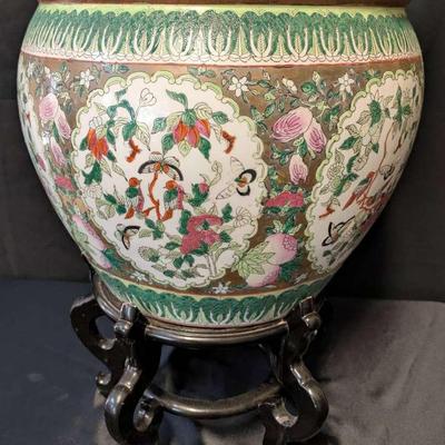 Large Chinese Ceramic Planter With Wooden Stand
