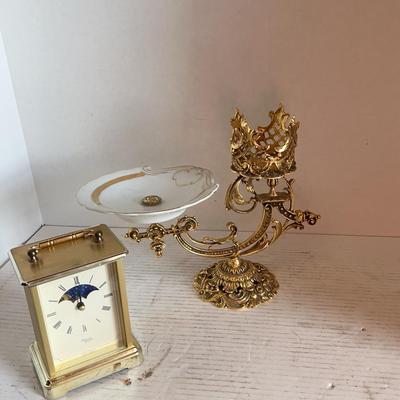 Vintage Gold Filigree Vanity Candle Holder & Kienxle Quartz Clock