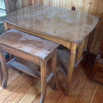 Antique Oak Carved Table With Glass Top, Oak Accent Side Table